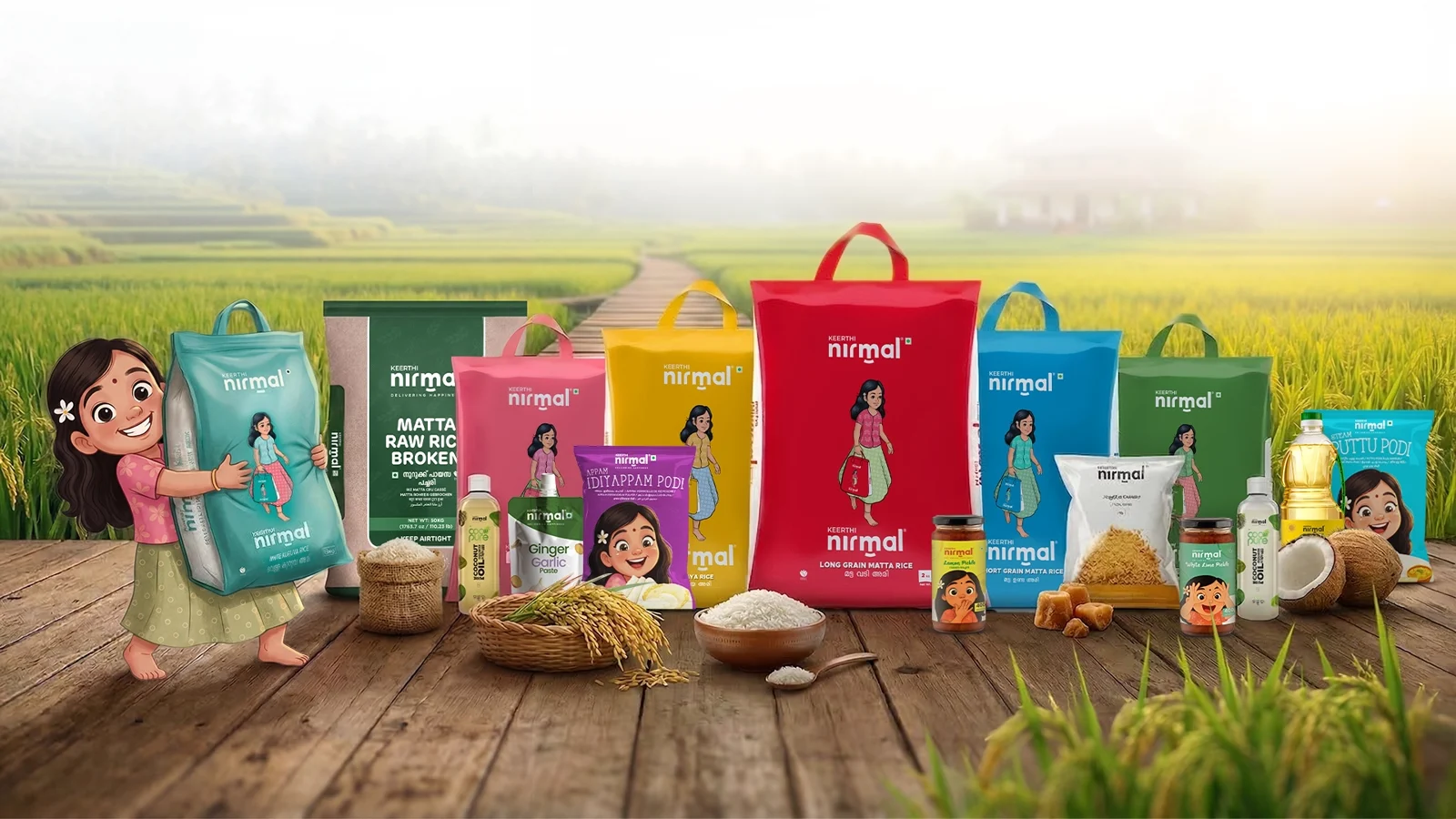 The colourful Keerthi Nirmal product family, with the Nirmal mascot, beside Kerala paddy fields